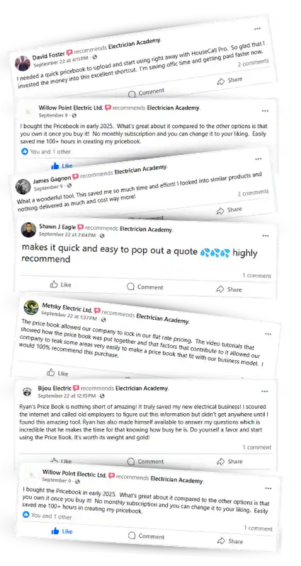 Screenshots of five-star Facebook recommendations from electricians, including David Foster, James Gagnon, Shawn J Eagle, Metsky Electric and Bijou Electric.