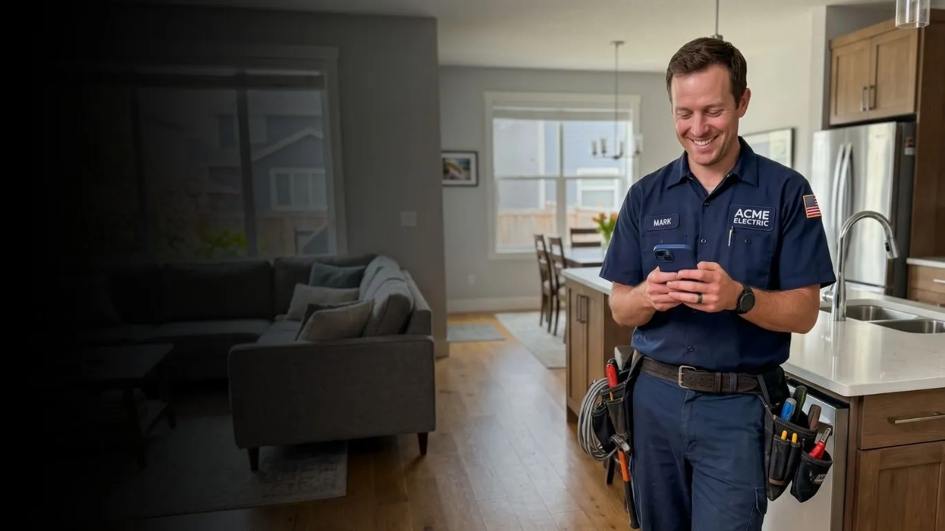 Smiling electrician checking a price on his phone in a customer's kitchen.