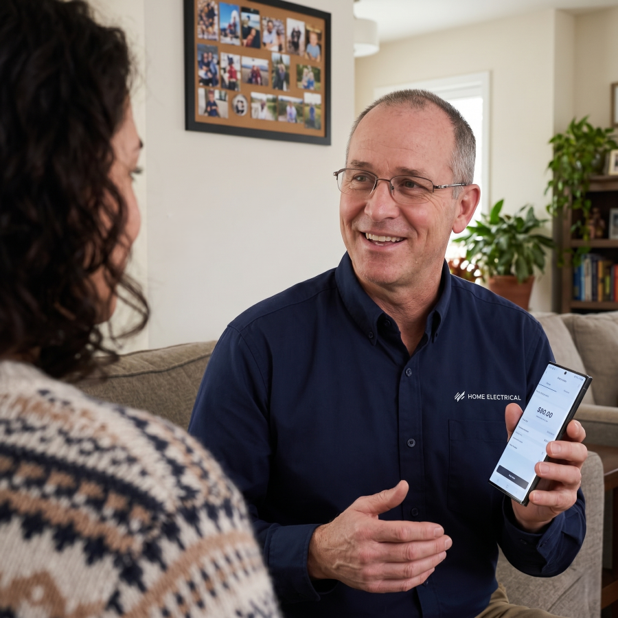 Electrician giving flat rate pricing to a homeowner for service work using The Going Rate app.