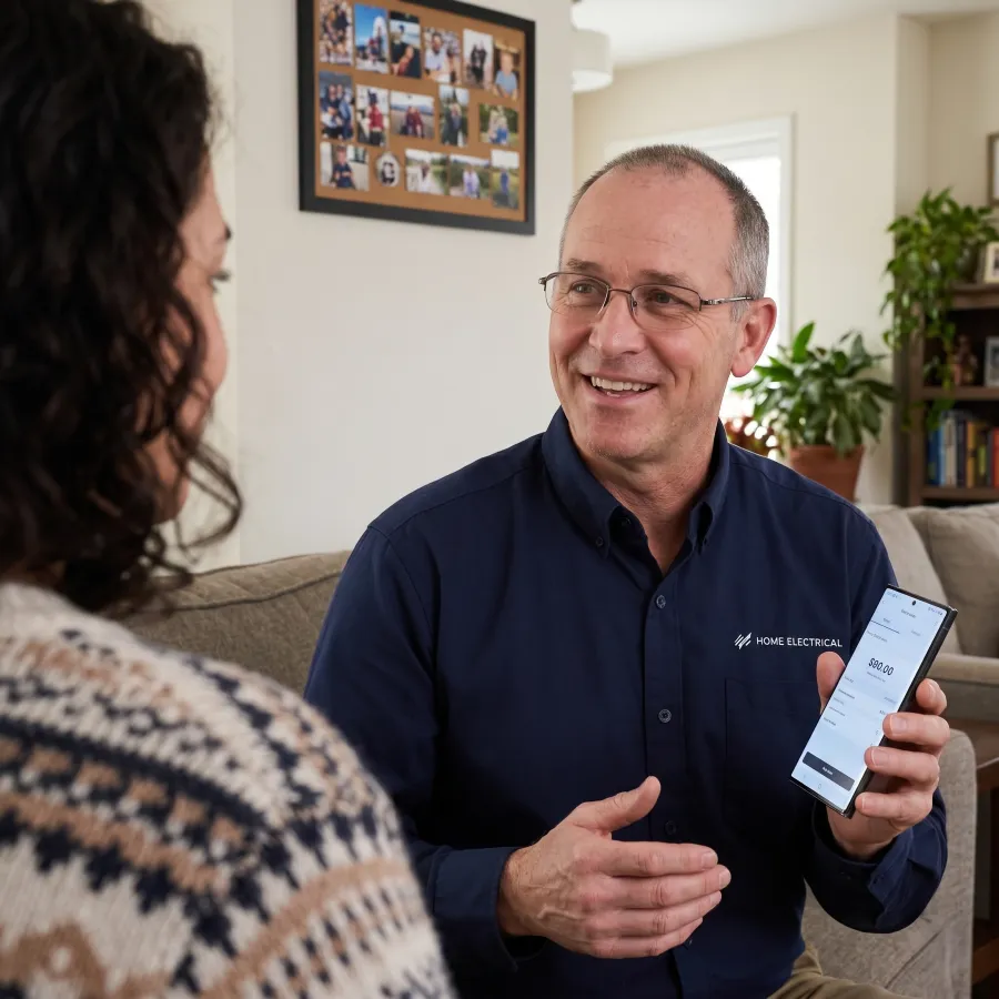 Electrician showing a homeowner a price on his phone.