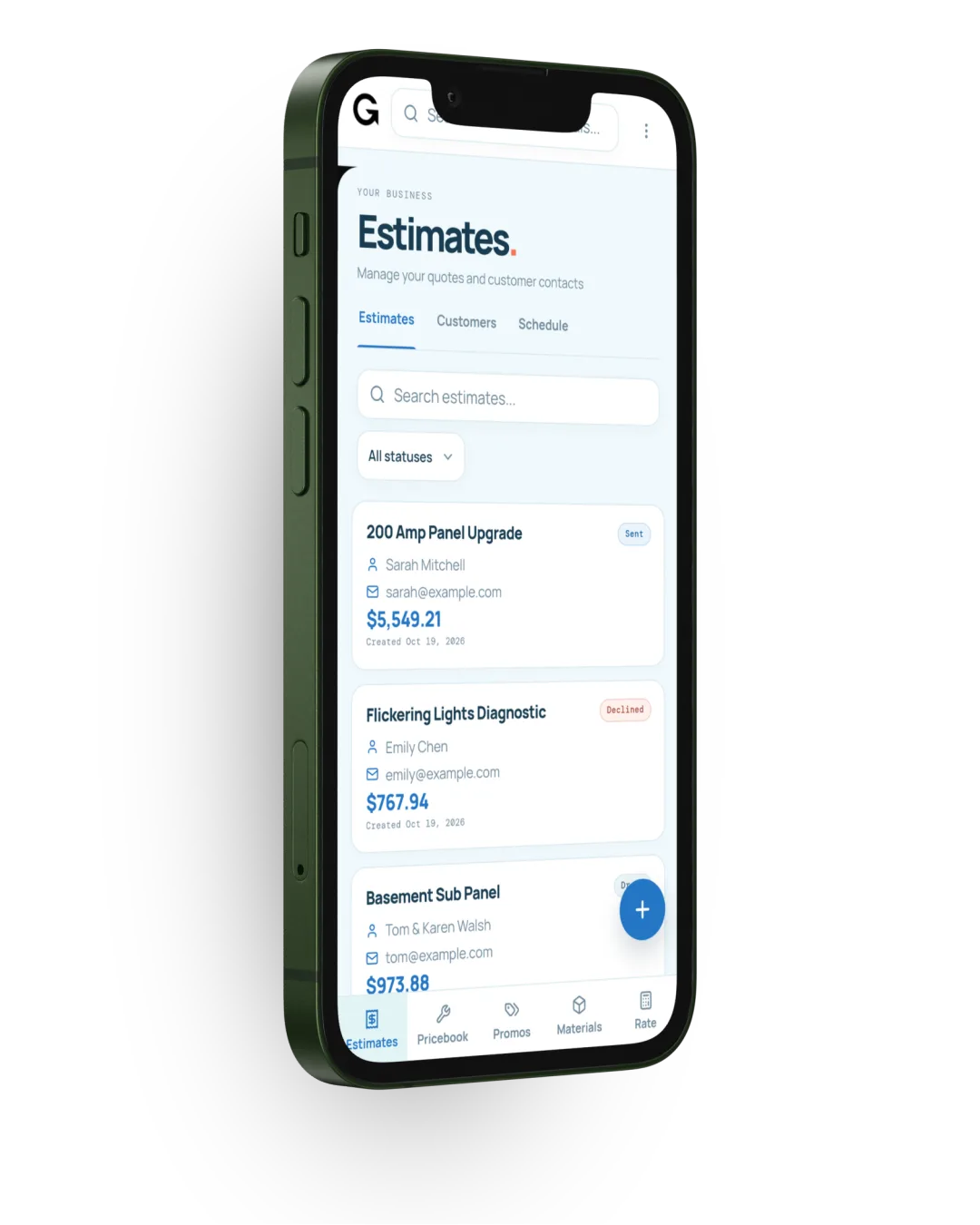 Estimates screen in The Going Rate app on a phone, listing sent and declined quotes with flat prices.