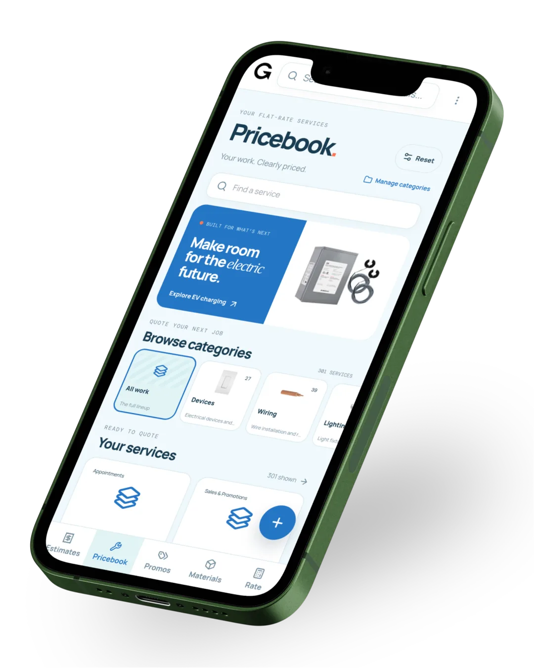 The Going Rate pricebook on a phone, showing services by category.