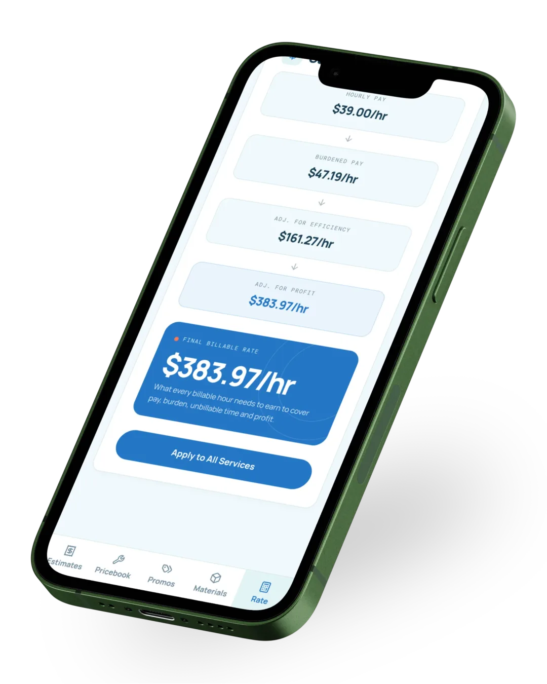 The Going Rate hourly rate calculator on a phone, building a $39/hr wage up to a $383.97/hr billable rate.
