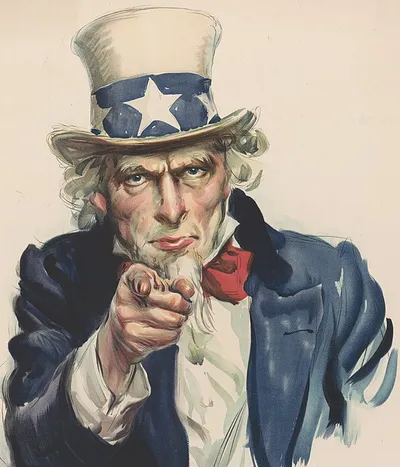 Uncle Sam pointing straight at the reader, from the 1917 &ldquo;I Want You&rdquo; poster.